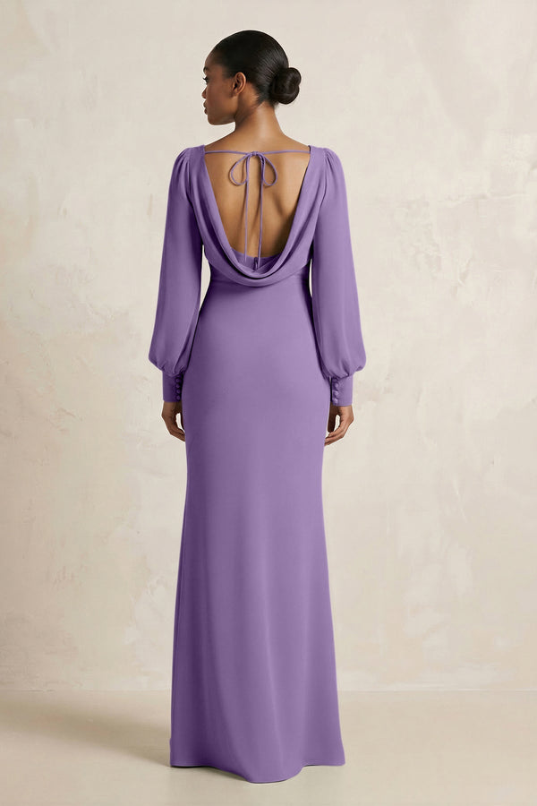 Long Sleeve V - Neck Sheath Chiffon Bridesmaid Dress in Tahiti - KissProm Bridesmaid Dresses