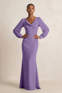 Long Sleeve V - Neck Sheath Chiffon Bridesmaid Dress in Tahiti - KissProm Bridesmaid Dresses