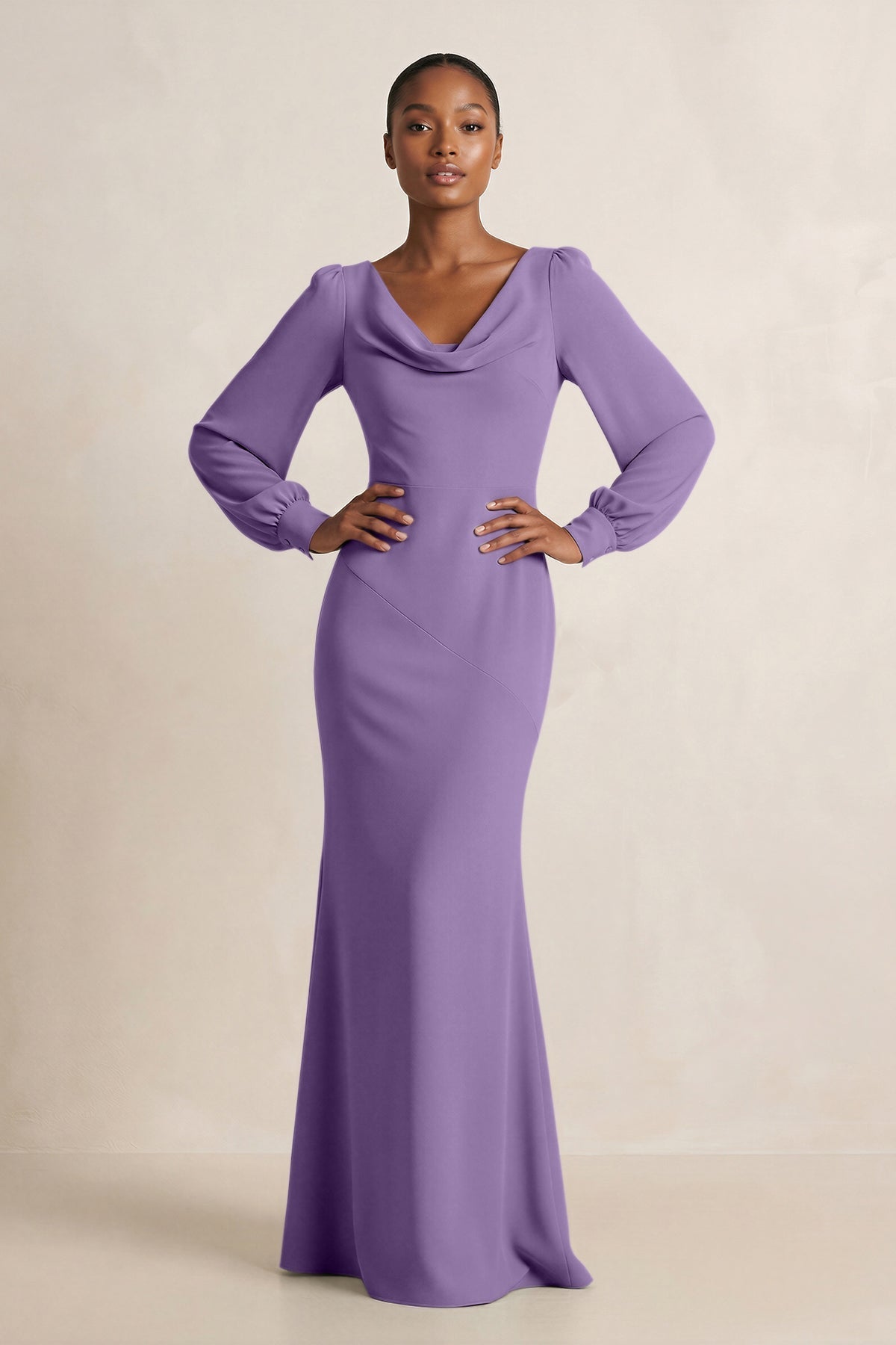 KissProm Long Sleeve V-Neck Sheath Chiffon Bridesmaid Dress in Tahiti, Tahiti / 30