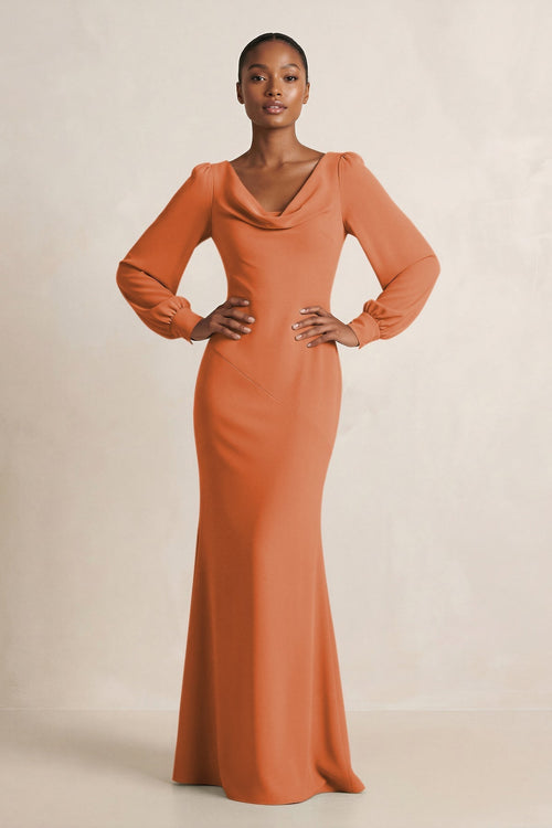 Long Sleeve V - Neck Sheath Chiffon Bridesmaid Dress in Terracotta - KissProm Bridesmaid Dresses
