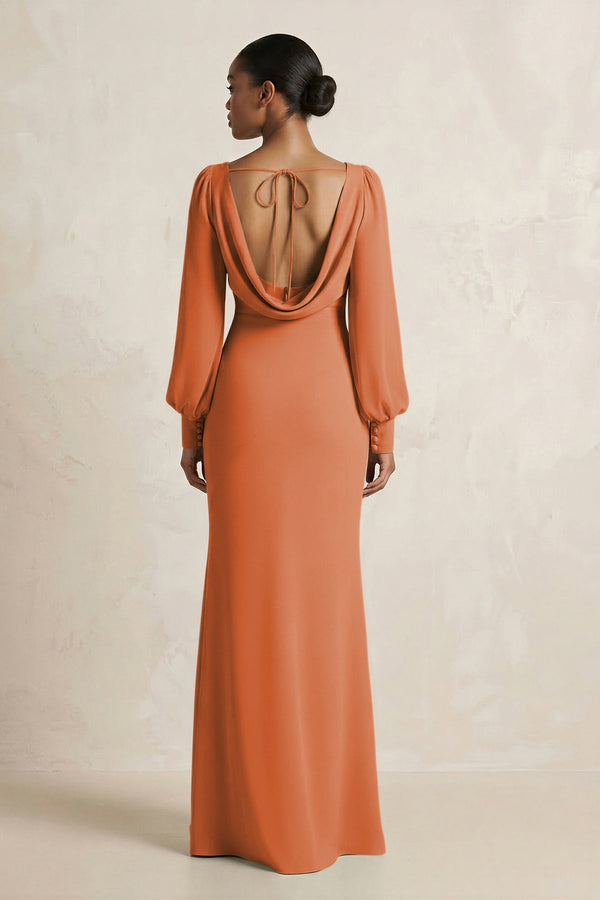 Long Sleeve V - Neck Sheath Chiffon Bridesmaid Dress in Terracotta - KissProm Bridesmaid Dresses