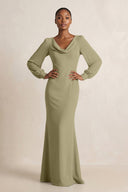 Long Sleeve V - Neck Sheath Chiffon Bridesmaid Dress in Thyme - KissProm Bridesmaid Dresses
