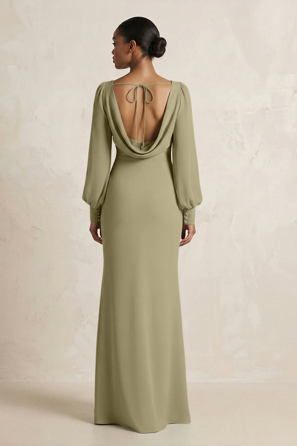 Long Sleeve V - Neck Sheath Chiffon Bridesmaid Dress in Thyme - KissProm Bridesmaid Dresses