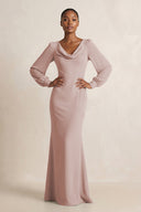 Long Sleeve V - Neck Sheath Chiffon Bridesmaid Dress in Toffee - KissProm Bridesmaid Dresses