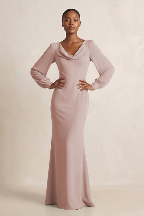 Long Sleeve V - Neck Sheath Chiffon Bridesmaid Dress in Toffee - KissProm Bridesmaid Dresses