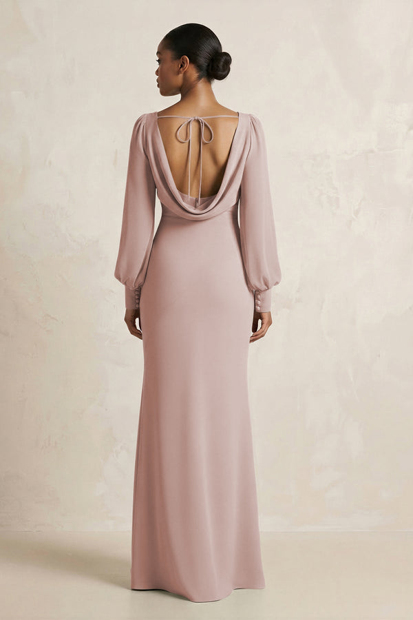 Long Sleeve V - Neck Sheath Chiffon Bridesmaid Dress in Toffee - KissProm Bridesmaid Dresses