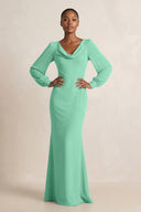 Long Sleeve V - Neck Sheath Chiffon Bridesmaid Dress in Turquoise - KissProm Bridesmaid Dresses