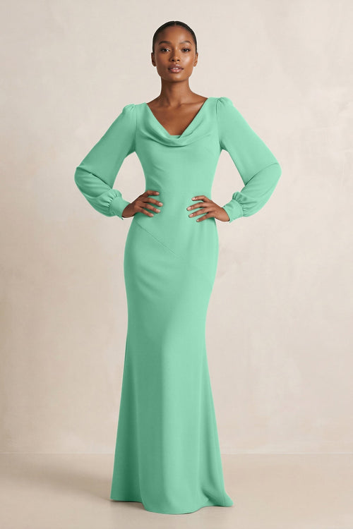 Long Sleeve V - Neck Sheath Chiffon Bridesmaid Dress in Turquoise - KissProm Bridesmaid Dresses