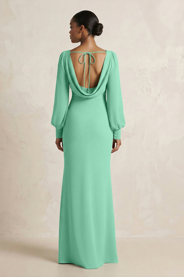 Long Sleeve V - Neck Sheath Chiffon Bridesmaid Dress in Turquoise - KissProm Bridesmaid Dresses