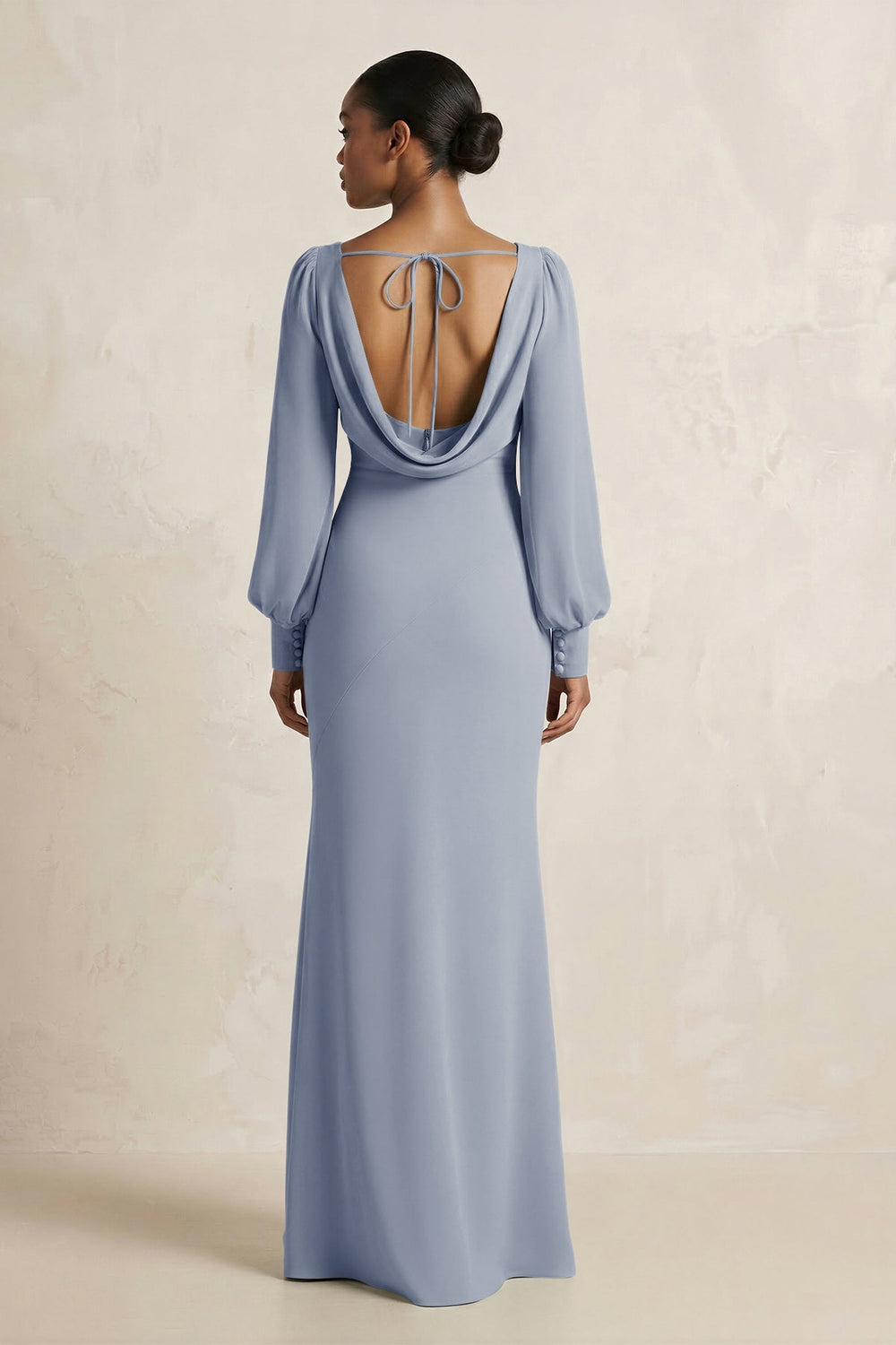 Long Sleeve V - Neck Sheath Chiffon Bridesmaid Dress in Twilight - KissProm Bridesmaid Dresses