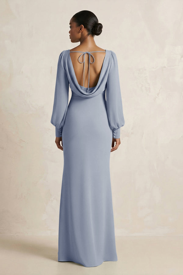 Long Sleeve V - Neck Sheath Chiffon Bridesmaid Dress in Twilight - KissProm Bridesmaid Dresses