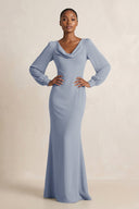 Long Sleeve V - Neck Sheath Chiffon Bridesmaid Dress in Twilight - KissProm Bridesmaid Dresses