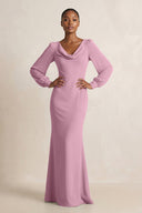 Long Sleeve V - Neck Sheath Chiffon Bridesmaid Dress in Vintage Mauve - KissProm Bridesmaid Dresses