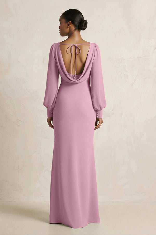 Long Sleeve V - Neck Sheath Chiffon Bridesmaid Dress in Vintage Mauve - KissProm Bridesmaid Dresses