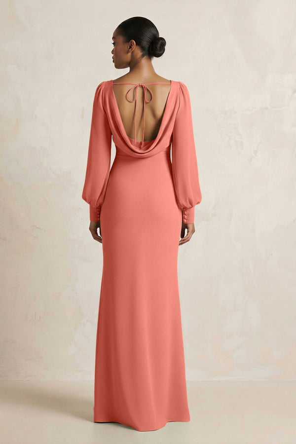 Long Sleeve V - Neck Sheath Chiffon Bridesmaid Dress in Wild Rose - KissProm Bridesmaid Dresses