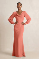 Long Sleeve V - Neck Sheath Chiffon Bridesmaid Dress in Wild Rose - KissProm Bridesmaid Dresses