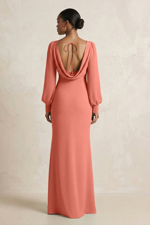 Long Sleeve V - Neck Sheath Chiffon Bridesmaid Dress in Wild Rose - KissProm Bridesmaid Dresses