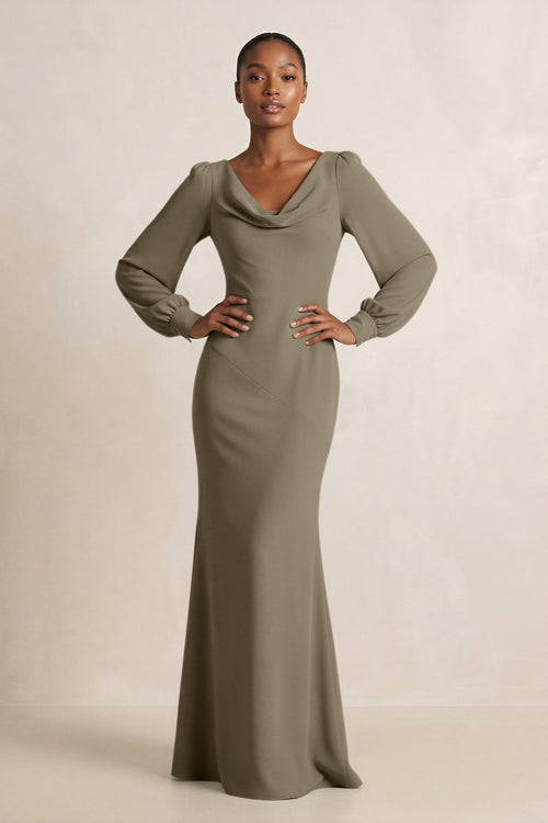 Long Sleeve V - Neck Sheath Chiffon Bridesmaid Dress in Willow Green - KissProm Bridesmaid Dresses