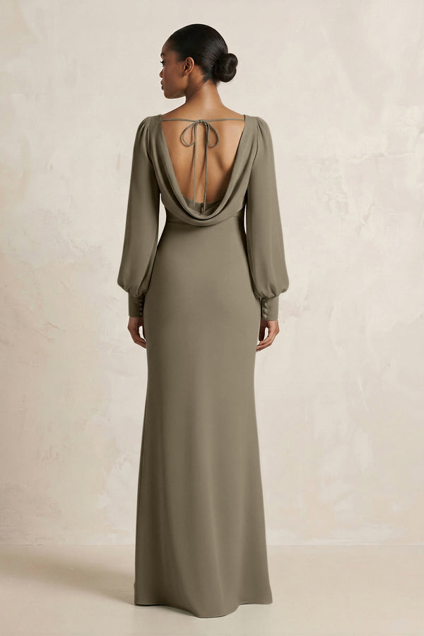 Long Sleeve V - Neck Sheath Chiffon Bridesmaid Dress in Willow Green - KissProm Bridesmaid Dresses