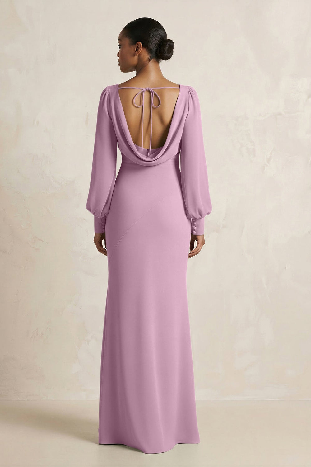Long Sleeve V - Neck Sheath Chiffon Bridesmaid Dress in Wisteria - KissProm Bridesmaid Dresses