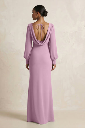 Long Sleeve V - Neck Sheath Chiffon Bridesmaid Dress in Wisteria - KissProm Bridesmaid Dresses