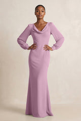 Long Sleeve V - Neck Sheath Chiffon Bridesmaid Dress in Wisteria - KissProm Bridesmaid Dresses