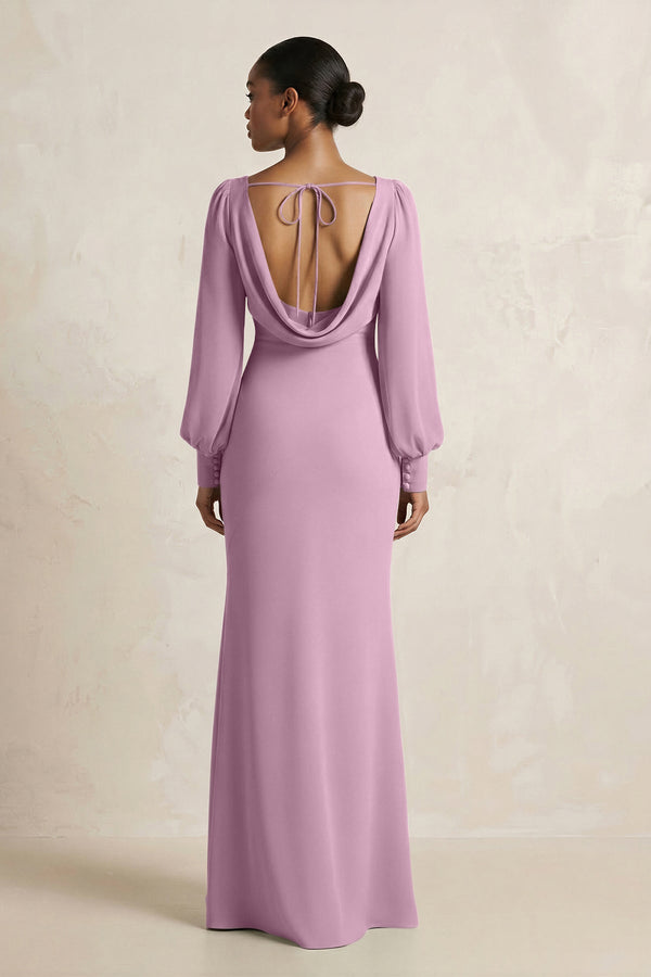 Long Sleeve V - Neck Sheath Chiffon Bridesmaid Dress in Wisteria - KissProm Bridesmaid Dresses