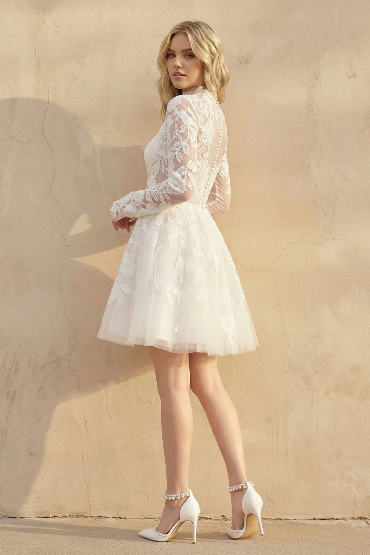 Short White A-Line Illusion Neck Long Sleeves Lace Wedding Dresses, Diamond White / 16 Short White A-Line Illusion Neck Long Sleeves Lace Wedding Dresses, Diamond White / 16