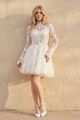 Marilla | Short White A - Line Illusion Neck Long Sleeves Lace Wedding Dresses  – Wedding Dresses by KissProm | Available at KissProm