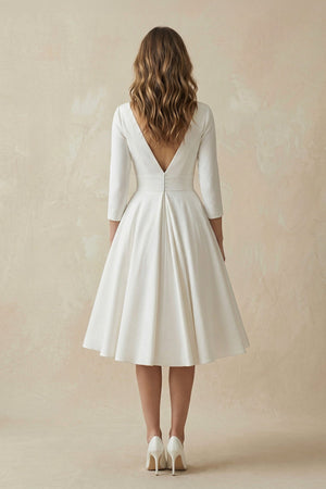 Long Sleeves A Line Satin Wedding Dress in White - KissProm Wedding Dresses