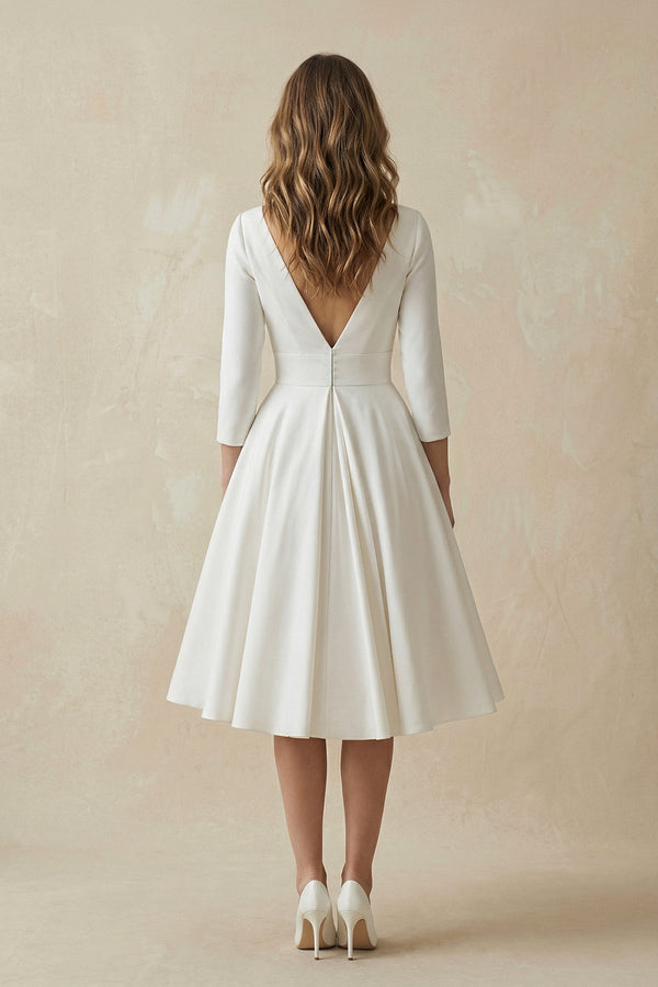 Long Sleeves A Line Satin Wedding Dress in White - KissProm Wedding Dresses
