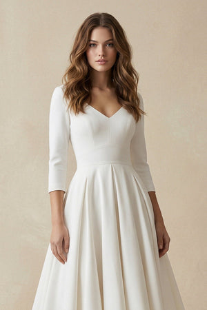 Long Sleeves A Line Satin Wedding Dress in White - KissProm Wedding Dresses