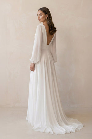 Long Sleeves Chiffon Wedding Dress With Slit in White - KissProm Wedding Dresses