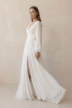 Long Sleeves Chiffon Wedding Dress With Slit in White - KissProm Wedding Dresses