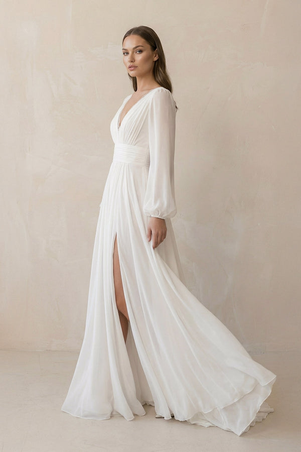 Long Sleeves Chiffon Wedding Dress With Slit in White - KissProm Wedding Dresses