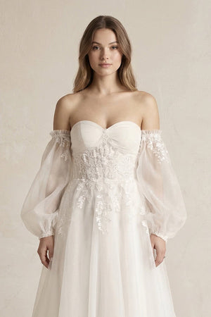 Long Sleeves Tulle A - Line Off - the - Shoulder Wedding Dress in White - KissProm Wedding Dresses