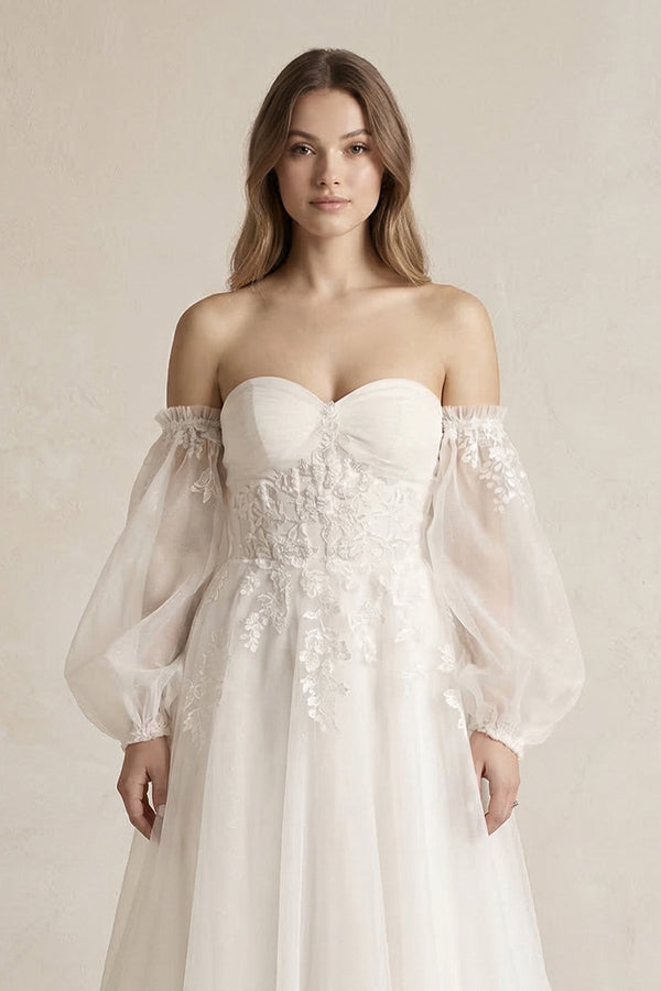 Long Sleeves Tulle A - Line Off - the - Shoulder Wedding Dress in White - KissProm Wedding Dresses