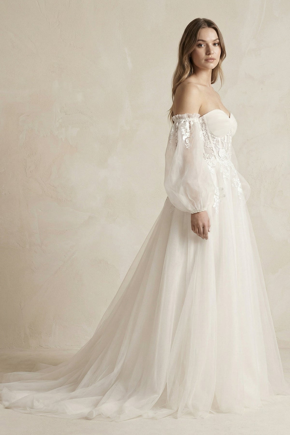Long Sleeves Tulle A - Line Off - the - Shoulder Wedding Dress in White - KissProm Wedding Dresses