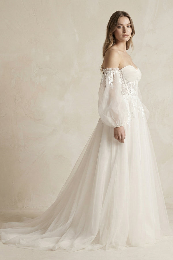 Long Sleeves Tulle A - Line Off - the - Shoulder Wedding Dress in White - KissProm Wedding Dresses