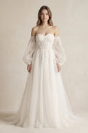 Long Sleeves Tulle A - Line Off - the - Shoulder Wedding Dress in White - KissProm Wedding Dresses