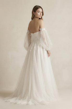 Long Sleeves Tulle A - Line Off - the - Shoulder Wedding Dress in White - KissProm Wedding Dresses