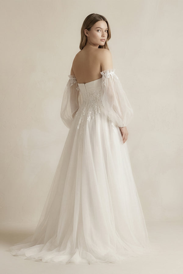 Long Sleeves Tulle A - Line Off - the - Shoulder Wedding Dress in White - KissProm Wedding Dresses