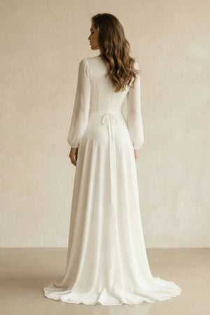 Long Sleeves V - Neck Chiffon A - Line Wedding Dress in White - KissProm Wedding Dresses
