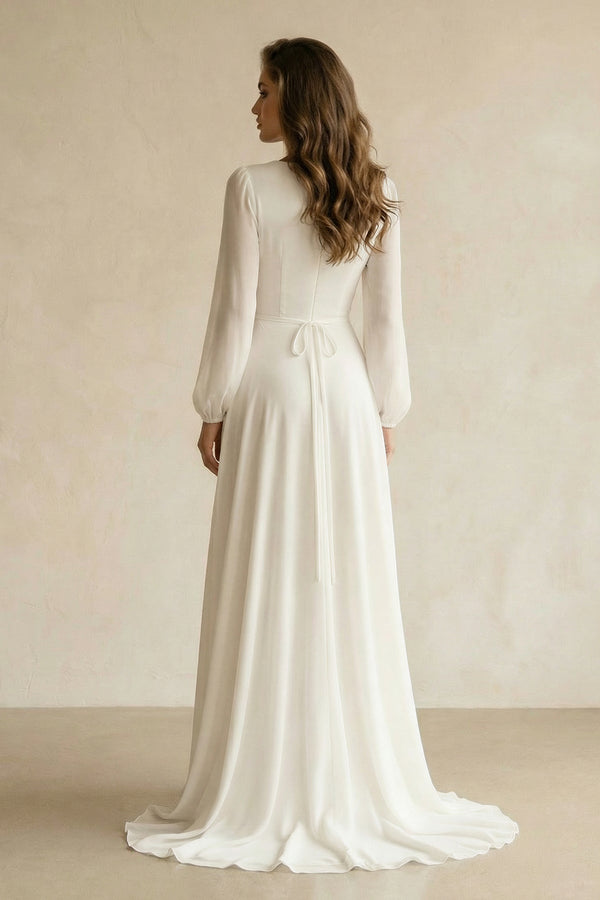 Long Sleeves V - Neck Chiffon A - Line Wedding Dress in White - KissProm Wedding Dresses