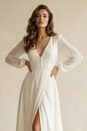 Long Sleeves V - Neck Chiffon A - Line Wedding Dress in White - KissProm Wedding Dresses