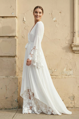 Long Sleeves V Neck Lace Wedding Dress in White - KissProm Wedding Dresses