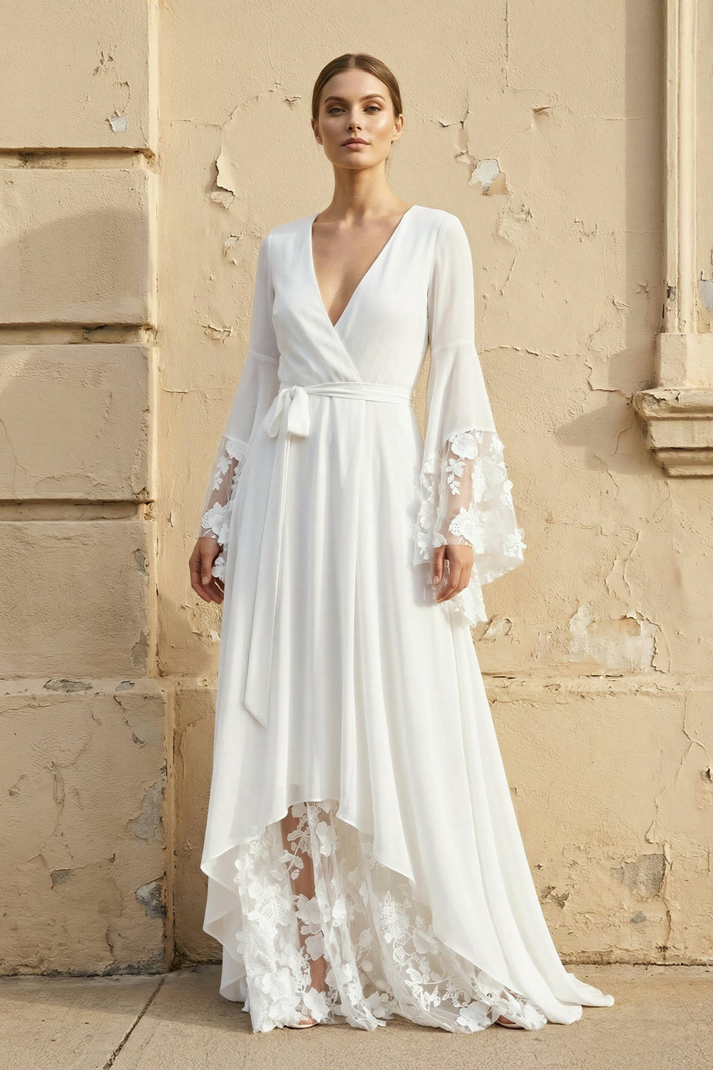 Long Sleeves V Neck Lace Wedding Dress in White - KissProm Wedding Dresses