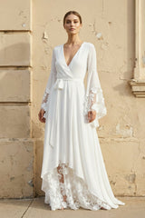 Long Sleeves V Neck Lace Wedding Dress in White - KissProm Wedding Dresses