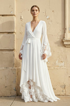 Long Sleeves V Neck Lace Wedding Dress in White - KissProm Wedding Dresses