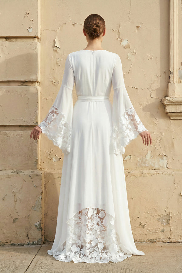Long Sleeves V Neck Lace Wedding Dress in White - KissProm Wedding Dresses
